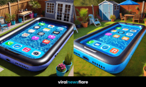 Inflatable smartphone-style paddling pool in a lush UK garden with patio furniture and sheds