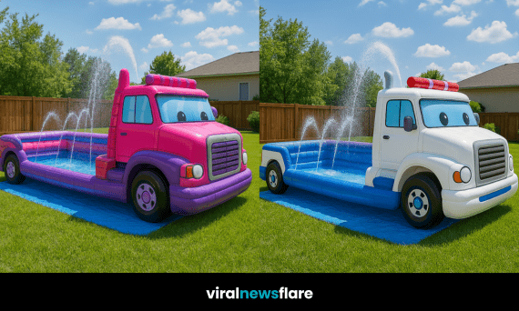 A colourful collection of inflatable vehicle-themed sprinkler pools including a fire engine, lorry, and police car