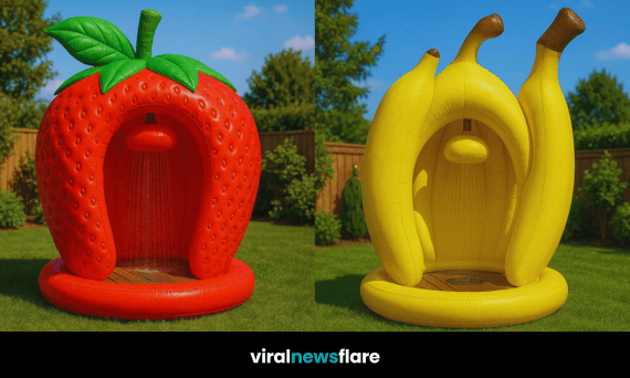 Colourful fruit-themed garden showers shaped like orange, strawberry, apple, and banana outdoors on grass