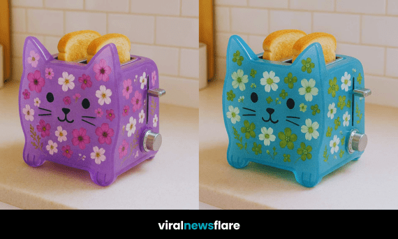 A collection of colourful floral cat-shaped toasters in black, lilac, blue, and green lined up on a countertop
