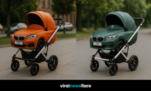 BMW-shaped baby pram in luxury design with bold colour styling