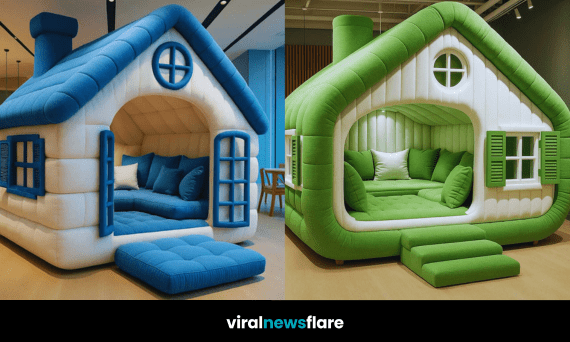 A vibrant selection of house-shaped sofas in blue, red, purple, and green, styled like mini cottages.