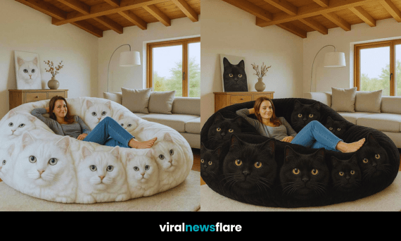 Woman relaxing in a large bean bag chair featuring detailed grey tabby cat faces in a modern living room.