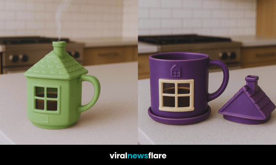A charming collection of house-shaped mugs in green, blue, pink, and purple displayed on a kitchen counter.