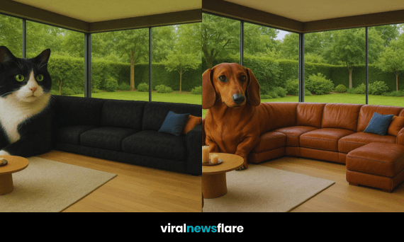 Collection of whimsical cat and dog-shaped sofas in stylish modern living rooms with scenic garden views.