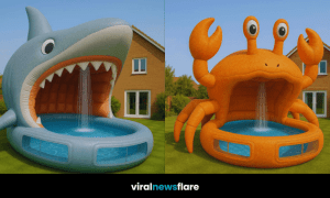 A collection of giant inflatable sea creature pools including a crab, turtle, octopus, shark, and whale in a garden.