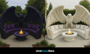 Collection of majestic eagle-themed garden furniture sets with fire pits in four colours: pink, blue, white, and black.