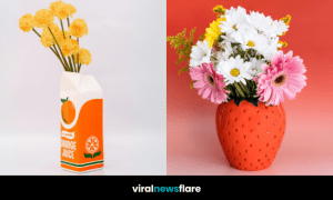 Side-by-side image of a strawberry-shaped vase with daisies and pink gerberas, and a ceramic orange juice carton vase filled with yellow pom-pom flowers, with a “viralnewsflare” logo below.