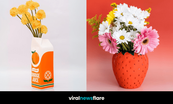 Side-by-side image of a strawberry-shaped vase with daisies and pink gerberas, and a ceramic orange juice carton vase filled with yellow pom-pom flowers, with a “viralnewsflare” logo below.