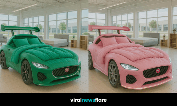 Trio of colourful race car-shaped novelty beds arranged in a sunlit modern showroom