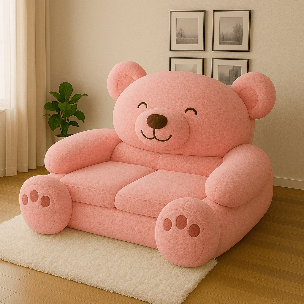 Cute pink teddy bear-shaped sofa in a bright room, ideal for nurseries or children's bedrooms.