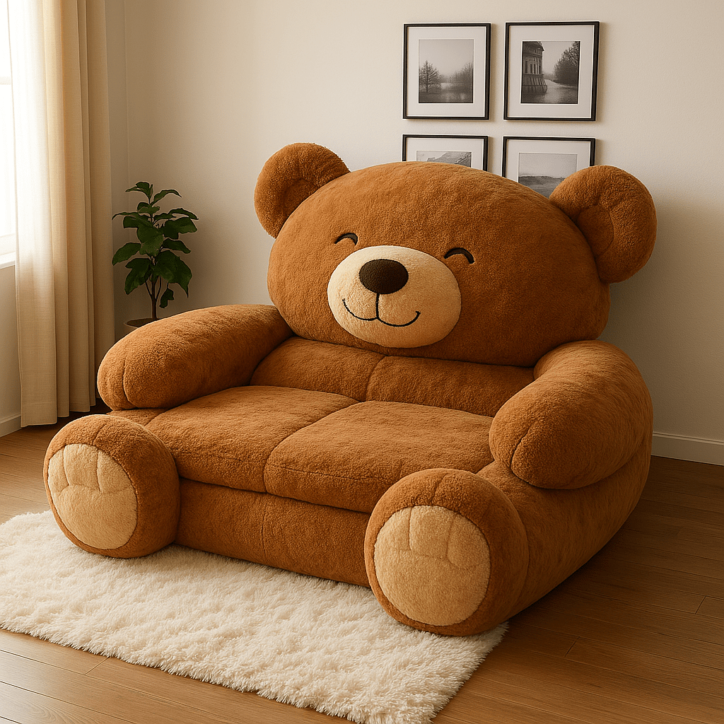 Cosy brown teddy bear-shaped sofa with tan accents, perfect for vintage-inspired or neutral-toned rooms.