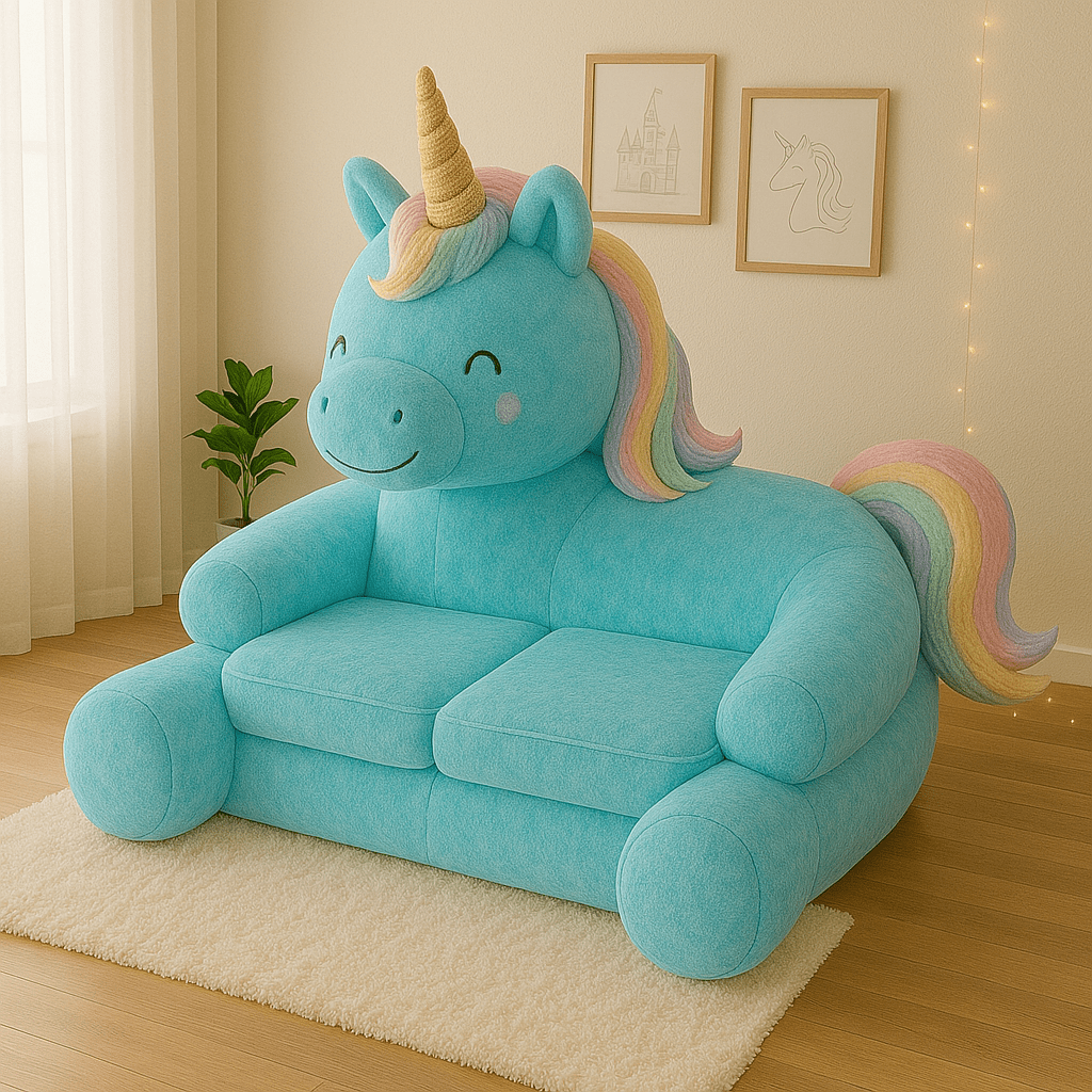 Baby blue unicorn-shaped children’s sofa with rainbow details and golden horn in cosy room