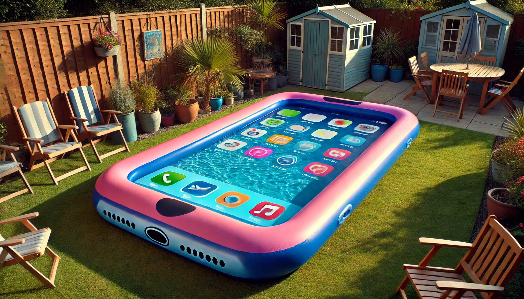 Inflatable paddling pool shaped like a pink and blue smartphone in a garden with striped chairs and plants