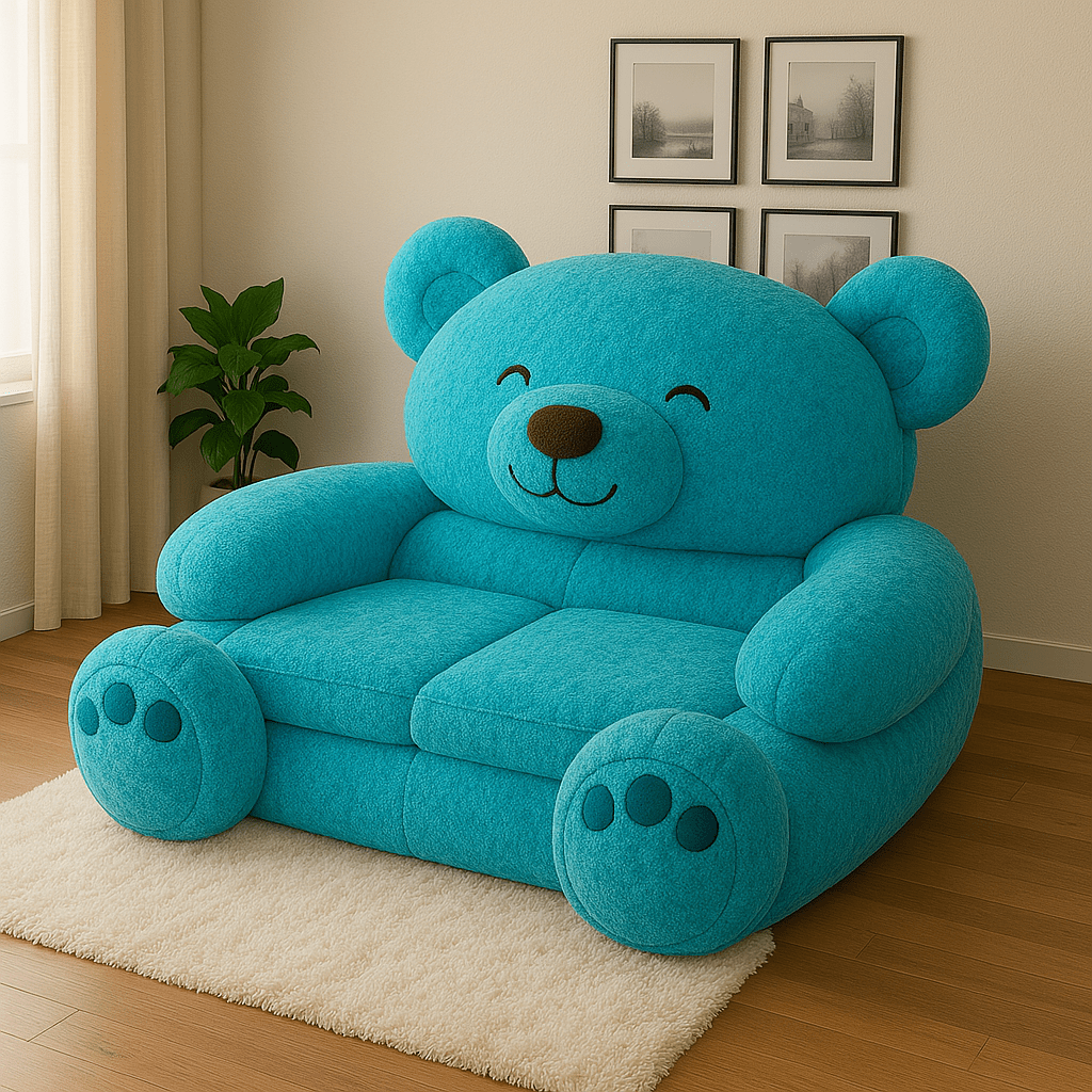 Vibrant teal teddy bear-shaped sofa in a minimalist living room with wooden flooring and framed wall art.