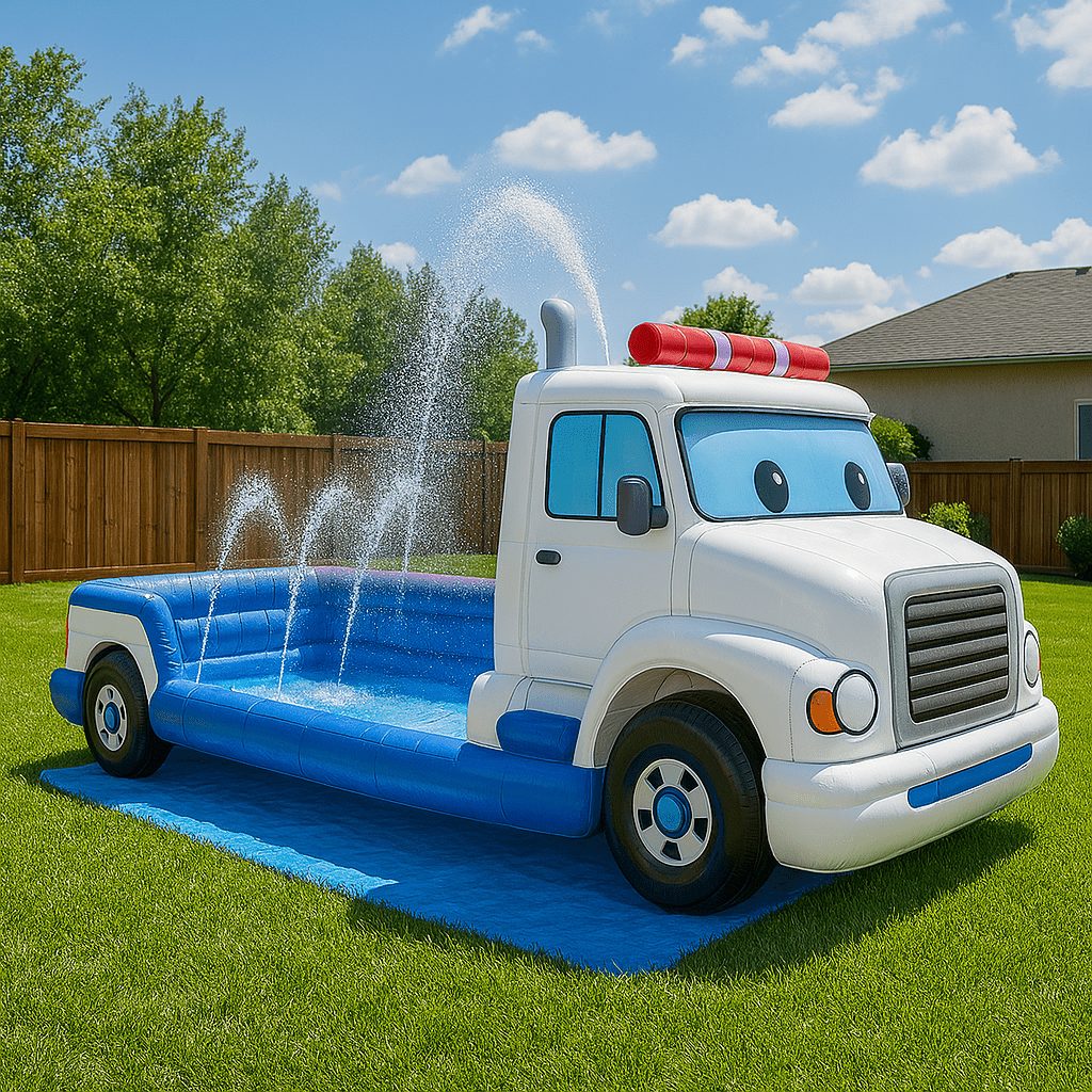 Inflatable sprinkler pool shaped like a white and blue cartoon-style lorry with water jets spraying over the top.