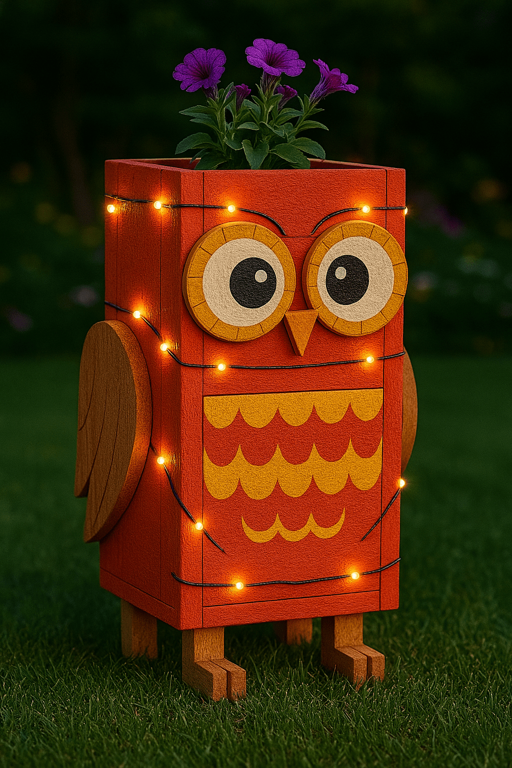 Bright red wooden owl planter with glowing lights and blooming flowers at dusk