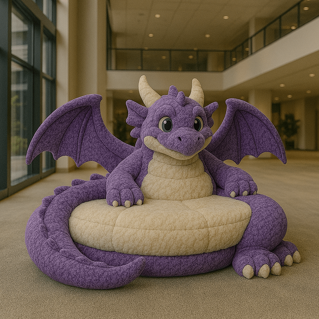 A plush purple dragon-shaped bean bag chair with creamy accents and whimsical features in a spacious room.