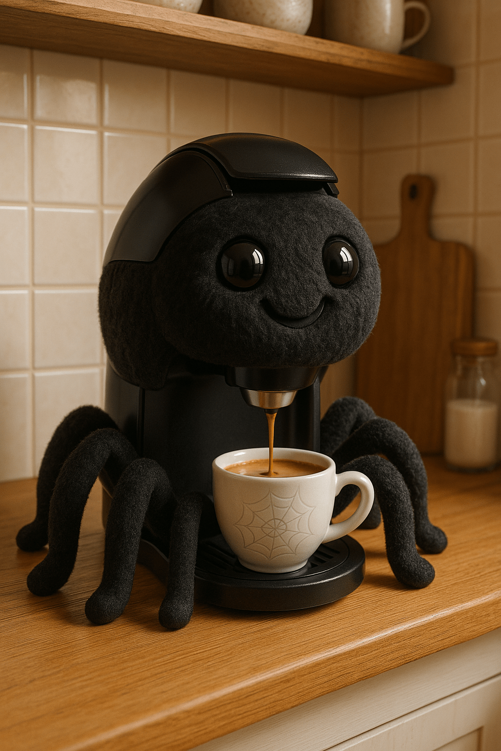  insect-inspired coffee machines: Plush black spider-themed coffee machine dispensing coffee into a mug with a web design.