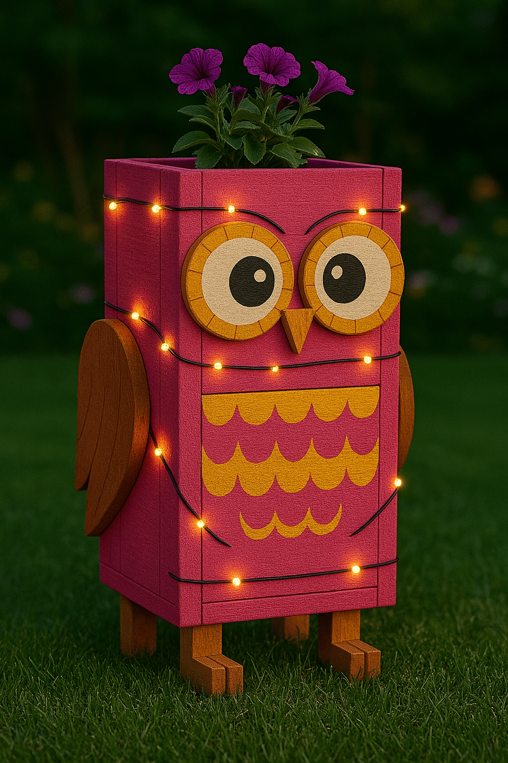 Colourful fuchsia pink owl planter with fairy lights and vivid purple petunias in a garden