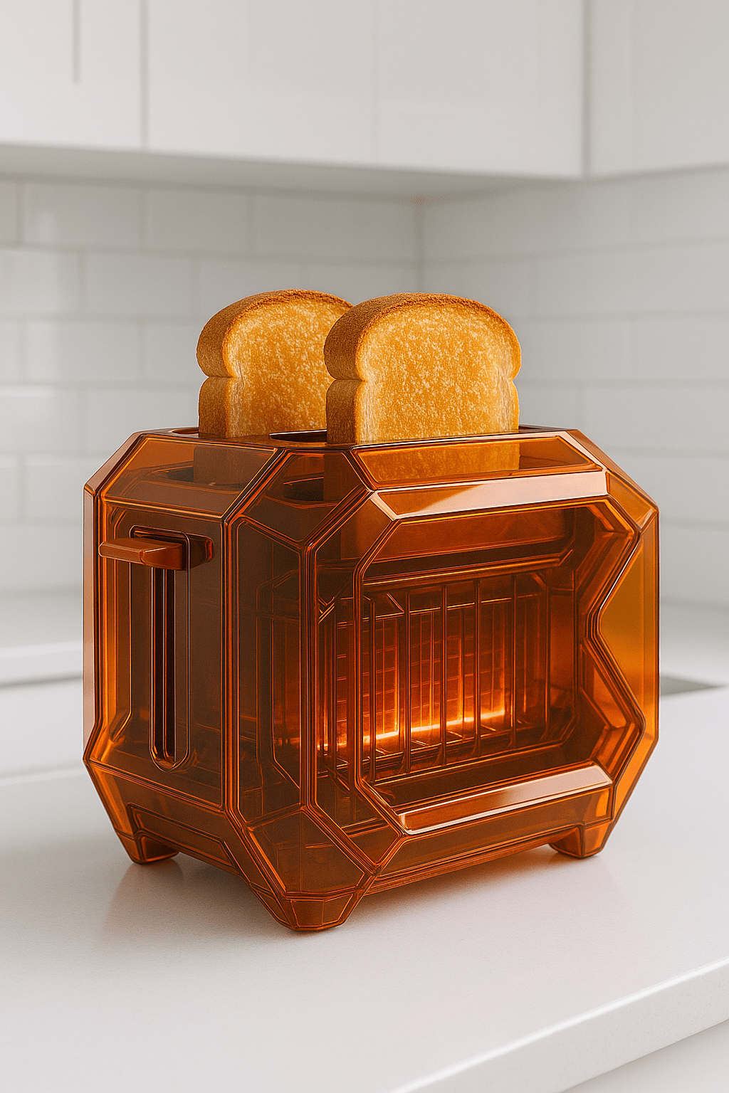 Retro-futuristic amber orange toaster with two slices of golden toast in a modern kitchen.
