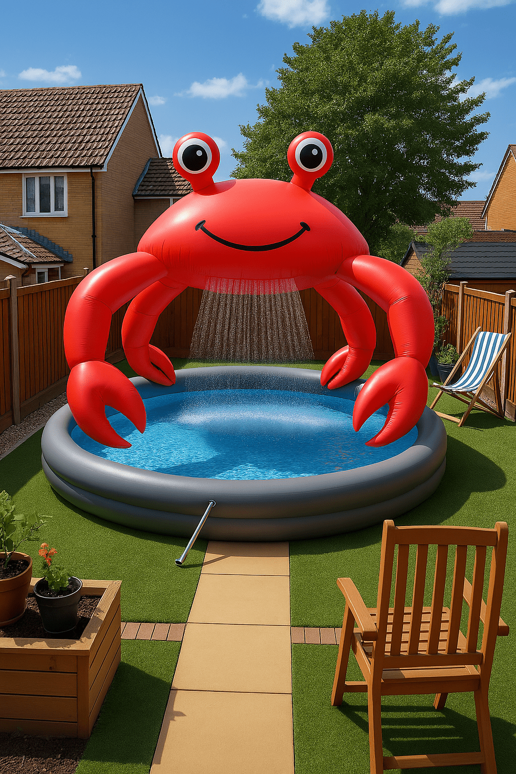 A bright red inflatable crab-shaped pool in a garden, spraying water down like a gentle fountain.