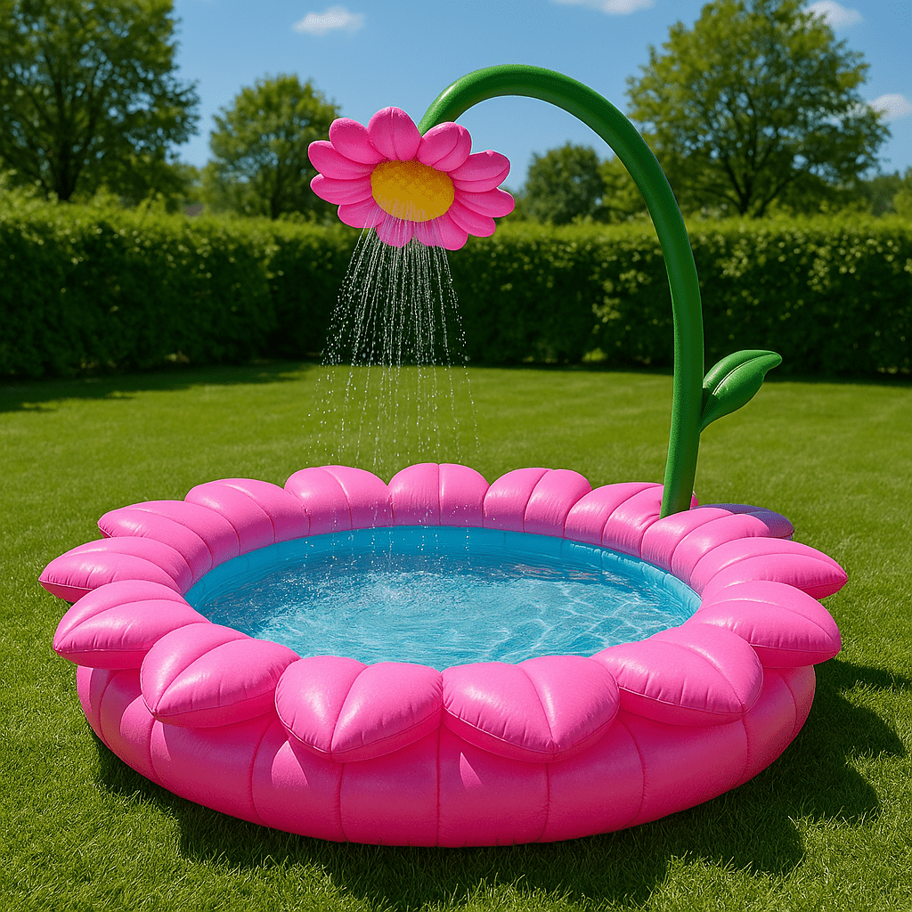 Pink inflatable flower paddling pool with sprinkler water feature in a sunny green garden