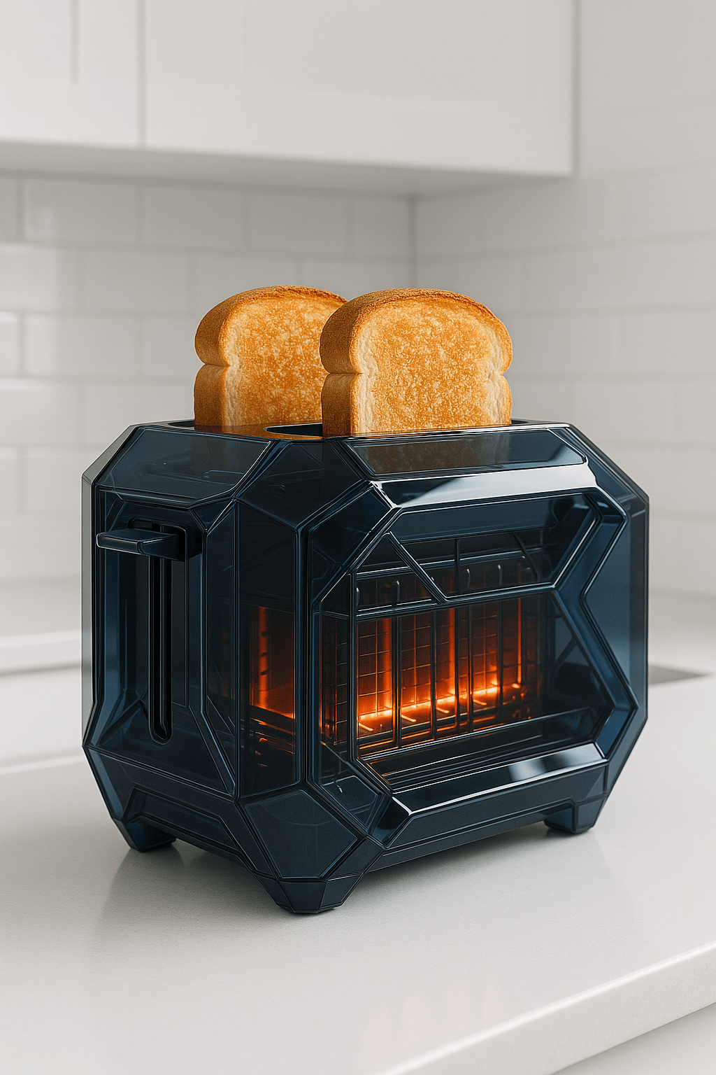  Futuristic midnight blue toaster with two slices of toast on a white kitchen counter.