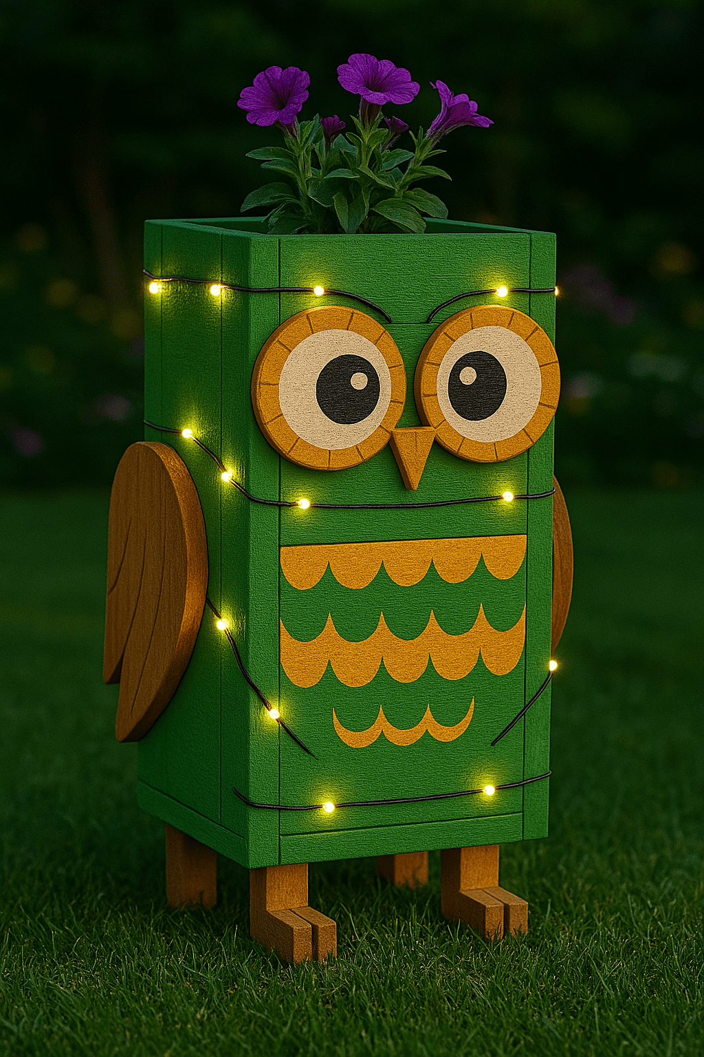 Forest green owl-shaped planter with fairy lights and flowers, placed on lawn at twilight