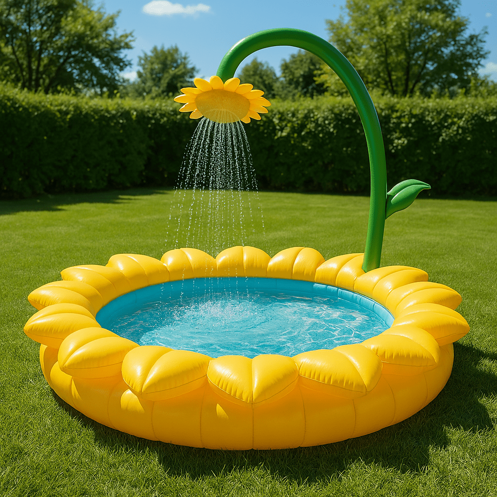 Yellow sunflower-themed inflatable paddling pool with built-in sprinkler on green lawn