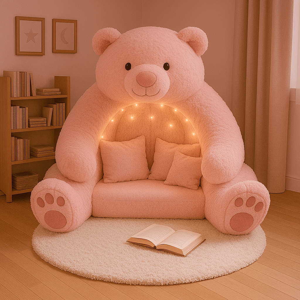 Soft pink teddy bear chair with LED lights and cushions on a round white rug