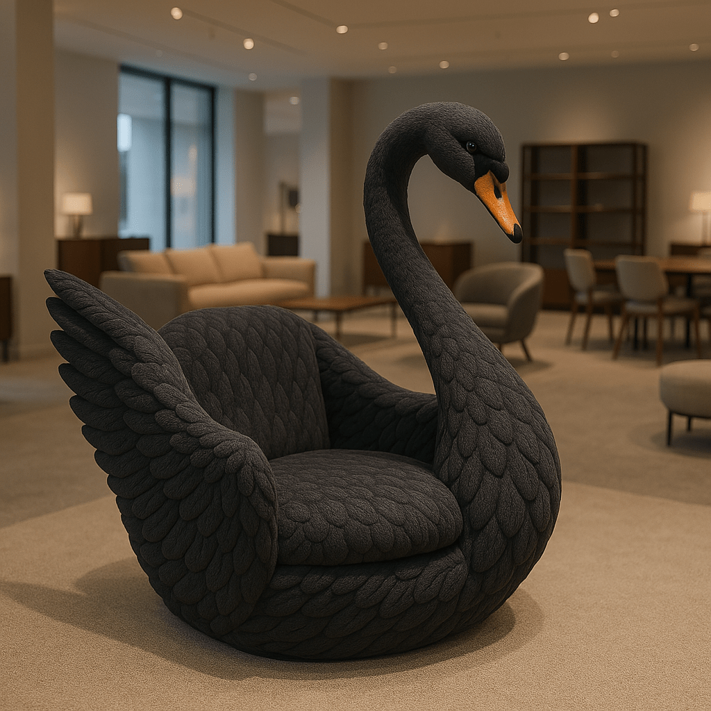 Black swan-shaped armchair with textured feather detailing and an arched neck, placed in a neutral-toned interior.