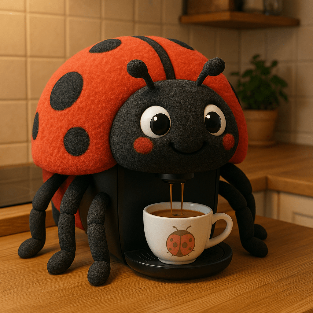  Cute ladybird-shaped coffee machine brewing espresso into a ladybird mug in a cosy kitchen.