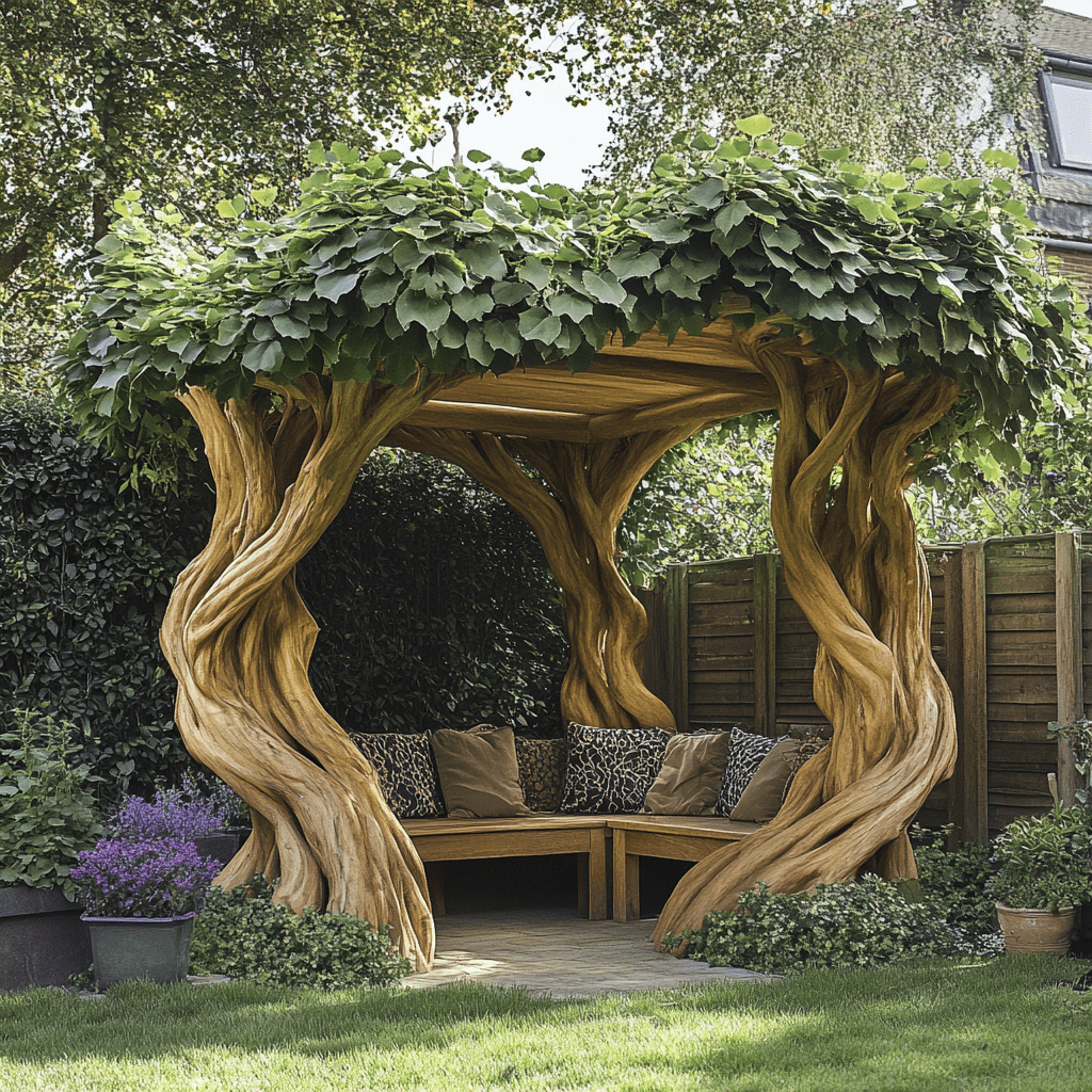 Enchanting garden gazebo with twisted wooden tree trunks and leafy canopy over a circular cushioned bench.