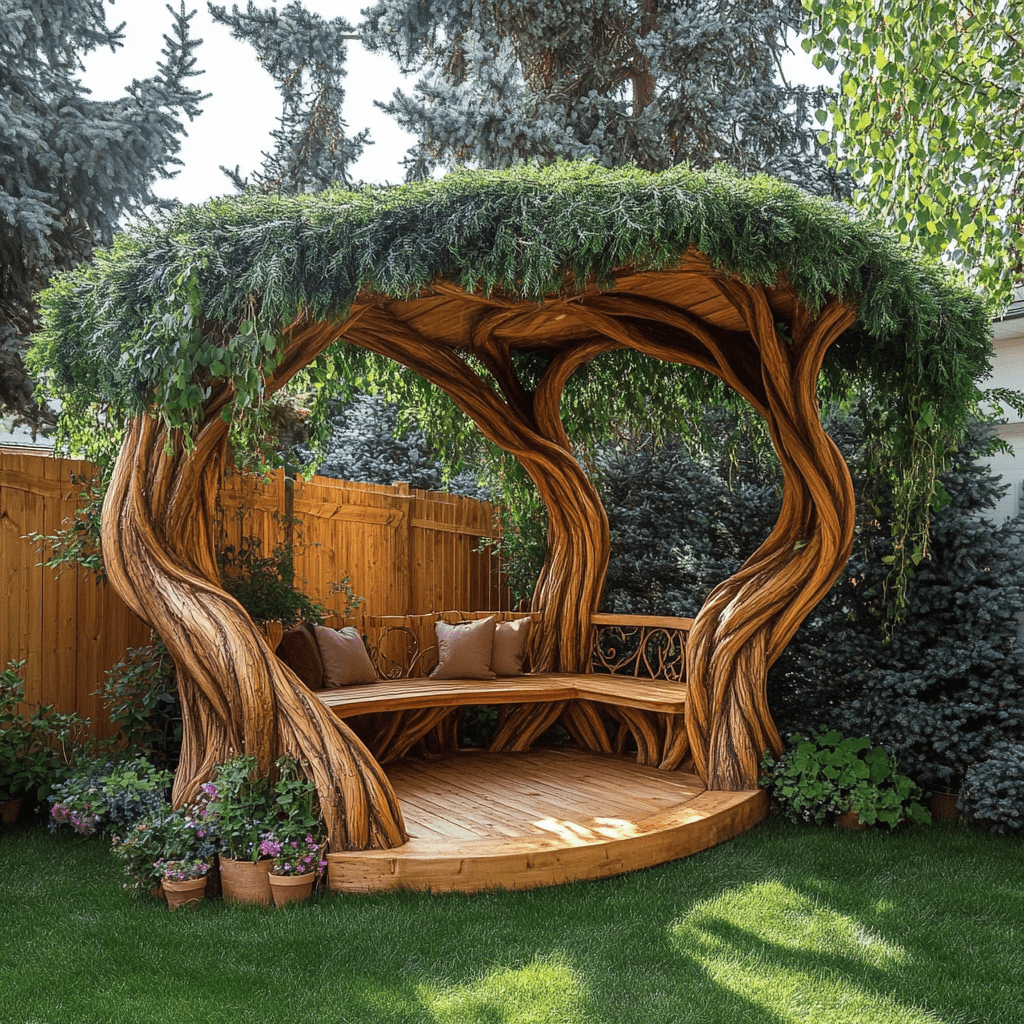 Cosy corner gazebo with sculpted wood-style tree supports and natural leaf covering over wooden seating.