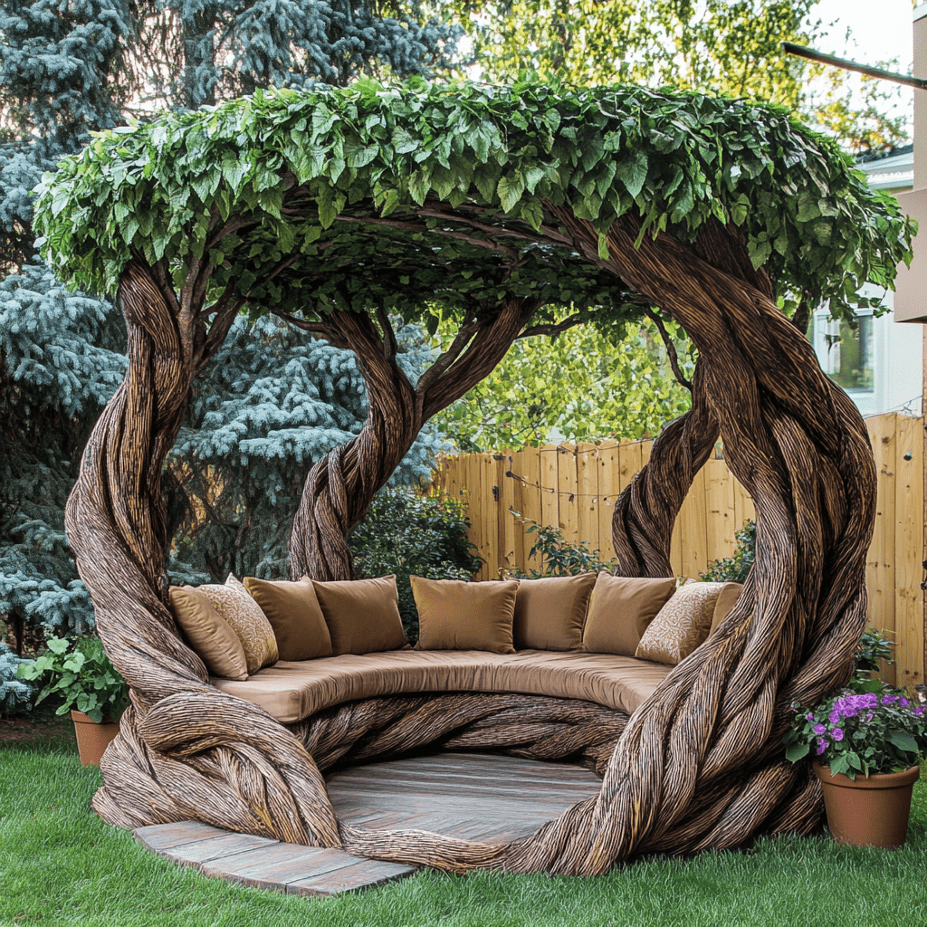 Handcrafted garden gazebo with wood-like twisted trunks and greenery-topped canopy in a backyard setting.