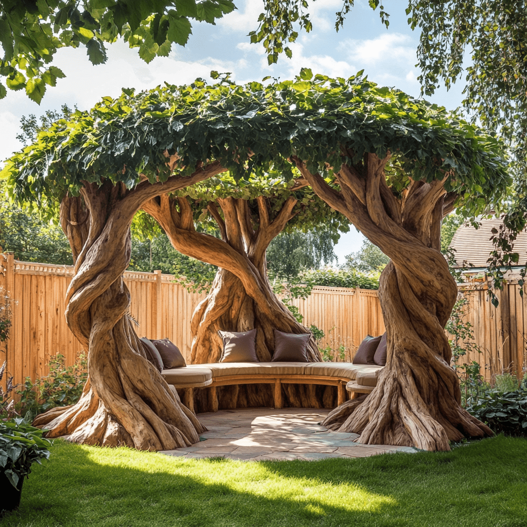 Enchanting garden gazebo with twisted wooden tree trunks and leafy canopy over a circular cushioned bench.