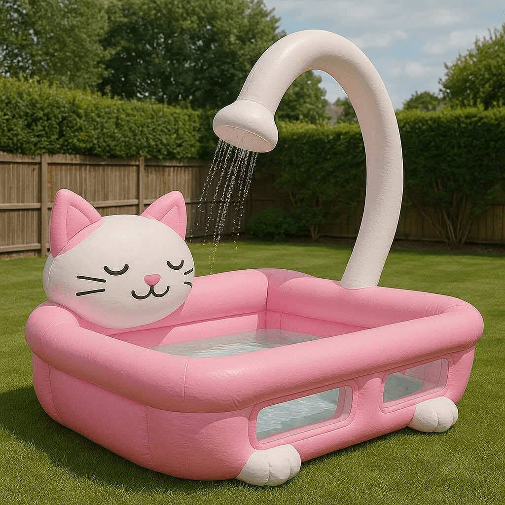 Soft pink inflatable pool shaped like a cat with a curved tail sprinkler feature in a backyard setting.