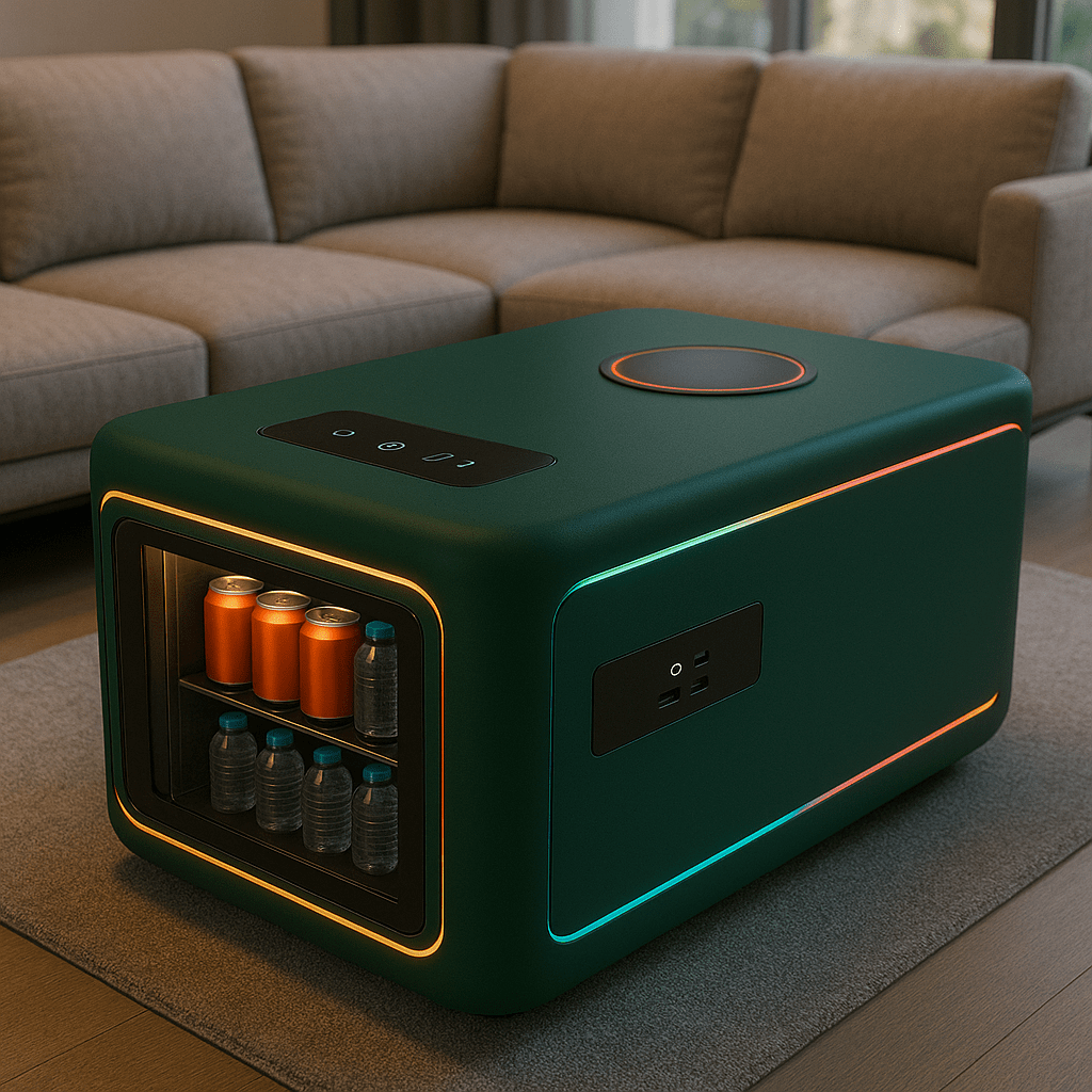 Forest green smart coffee table with warm LED lights and visible beverage fridge in a modern living room