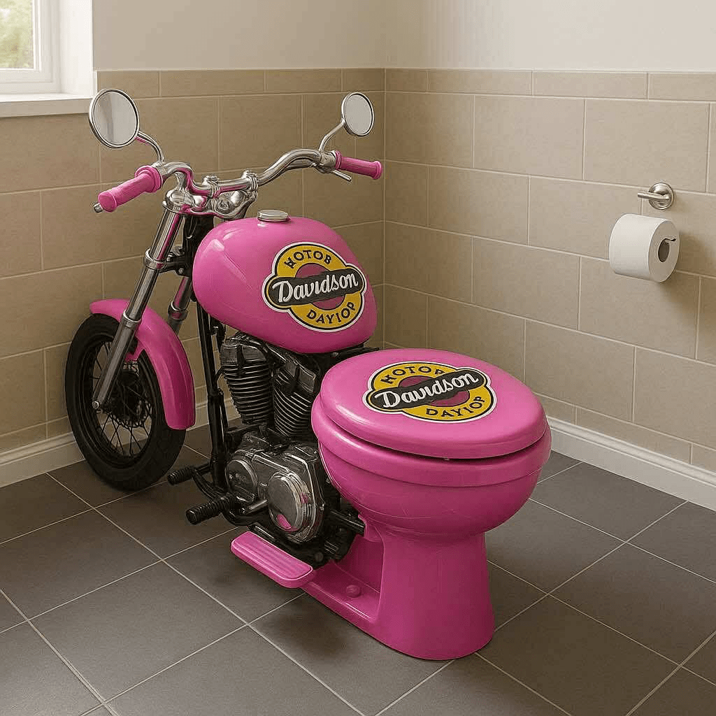 A hot pink novelty toilet shaped like a motorcycle, blending bathroom design with biker aesthetics.