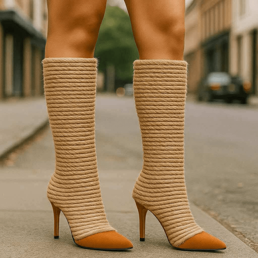 Tan high-heeled stiletto boots wrapped in rope, worn outdoors on a street.
