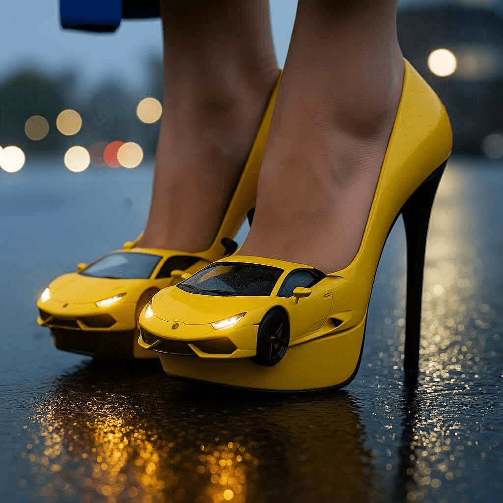  Eye-catching yellow car-shaped heels on a wet street with night lighting