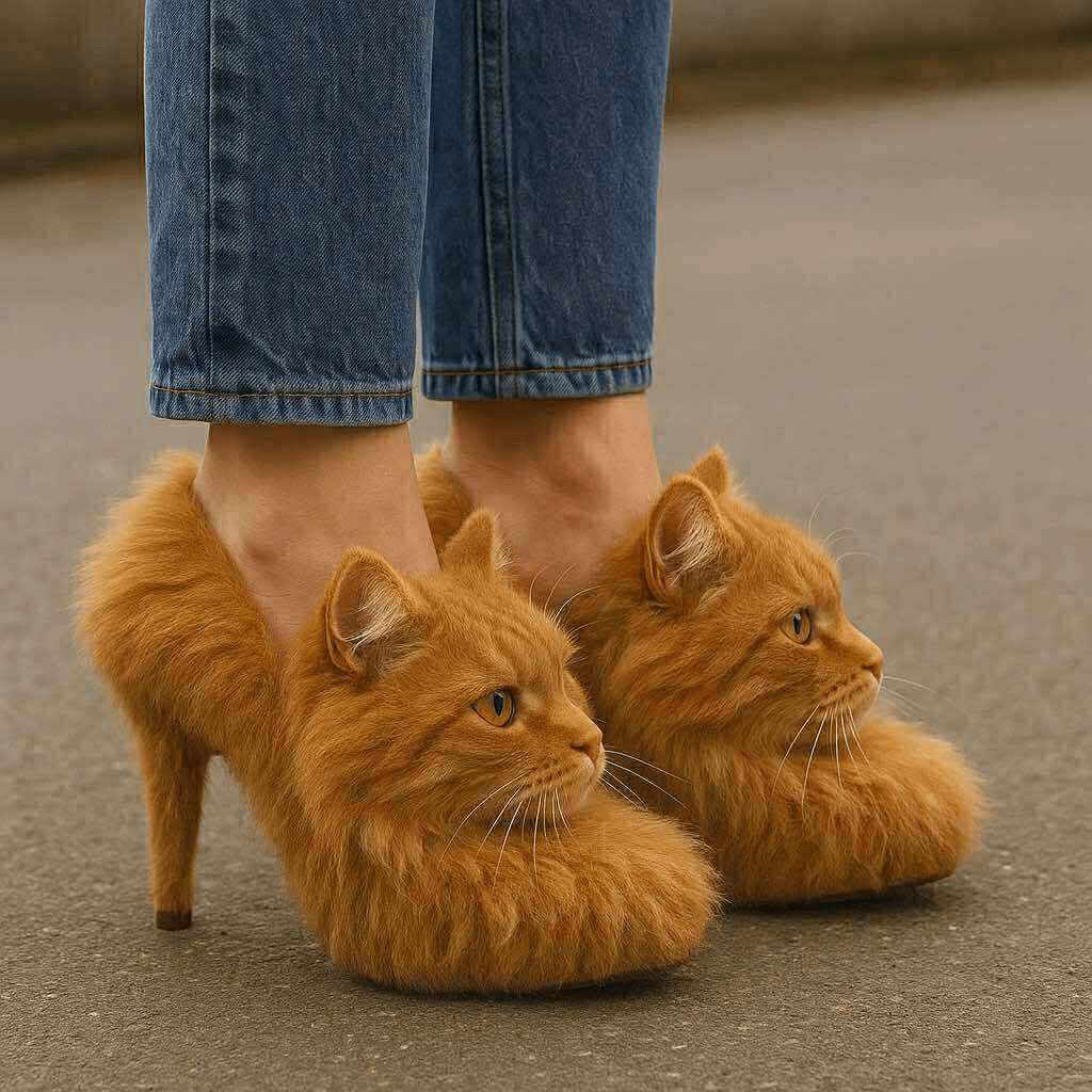 Unique high heel shoes featuring realistic orange tabby cat faces with plush fur and pointed ears.