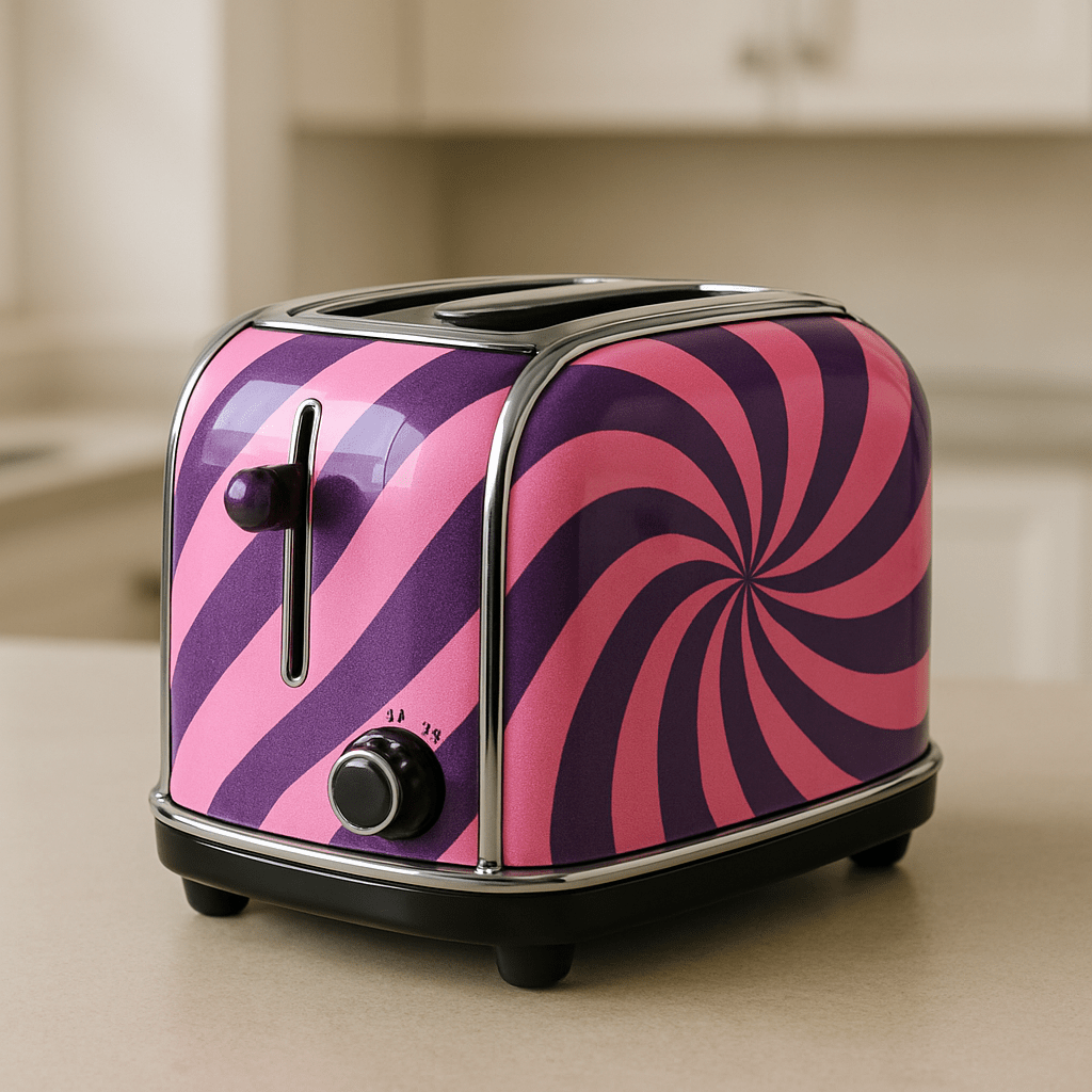 A pink and purple striped toaster with a bold swirl pattern in a contemporary kitchen setting.