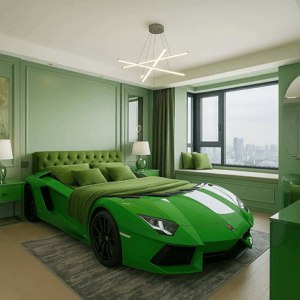 Green car-inspired bed in a serene green-themed bedroom overlooking the city