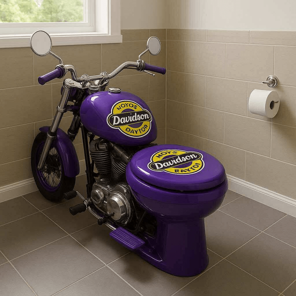 A deep purple motorbike-themed toilet unit set against neutral tiling and a side window.