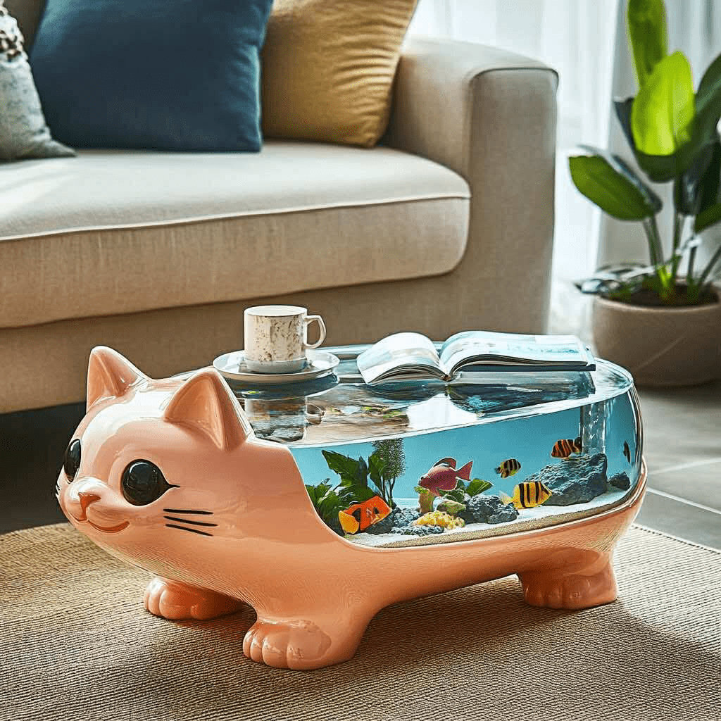  Light peach cat-shaped table with internal aquarium and bright tropical fish in a sunlit room