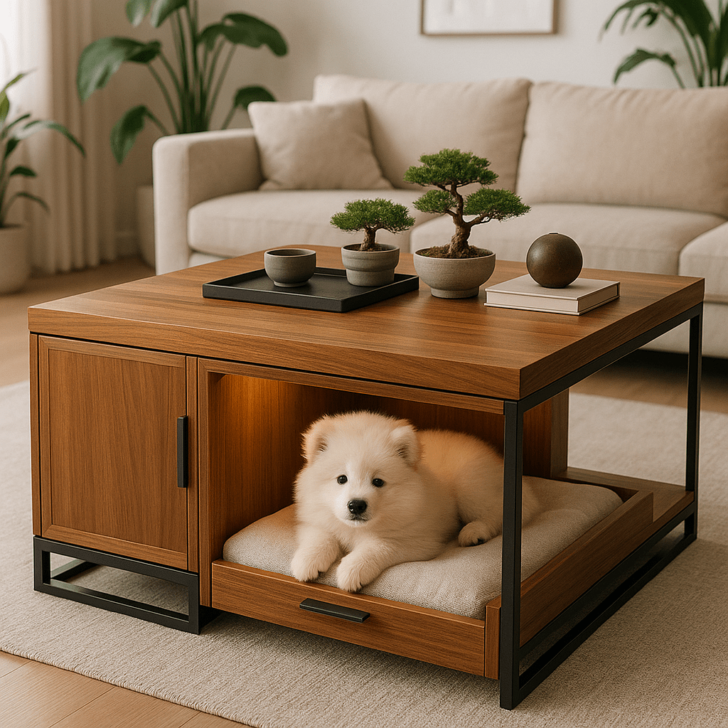 Designer coffee table with a built-in pull-out dog bed and decorative bonsai trees on top.