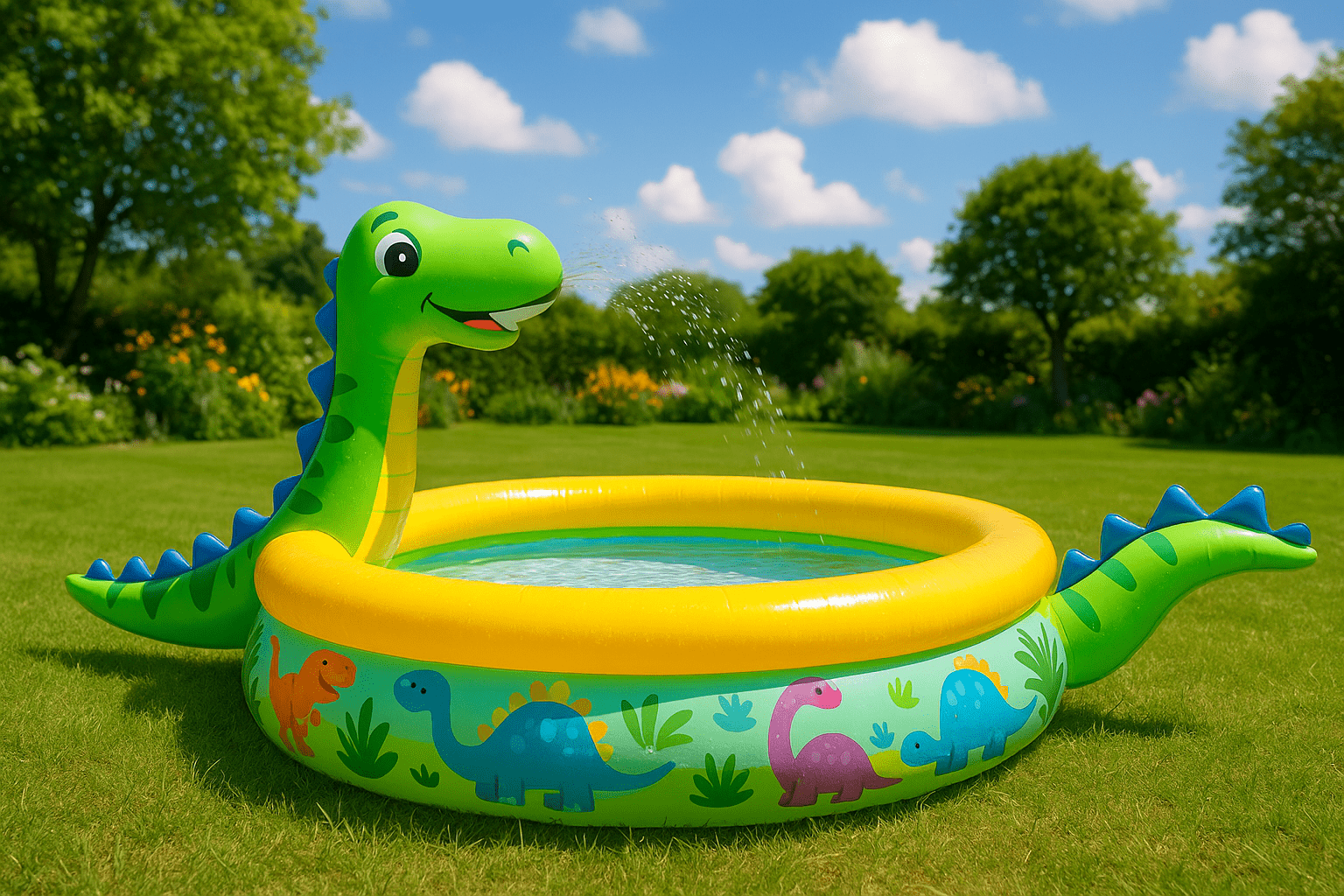 Inflatable green dinosaur paddling pool spraying water, set on green grass under a blue sky.