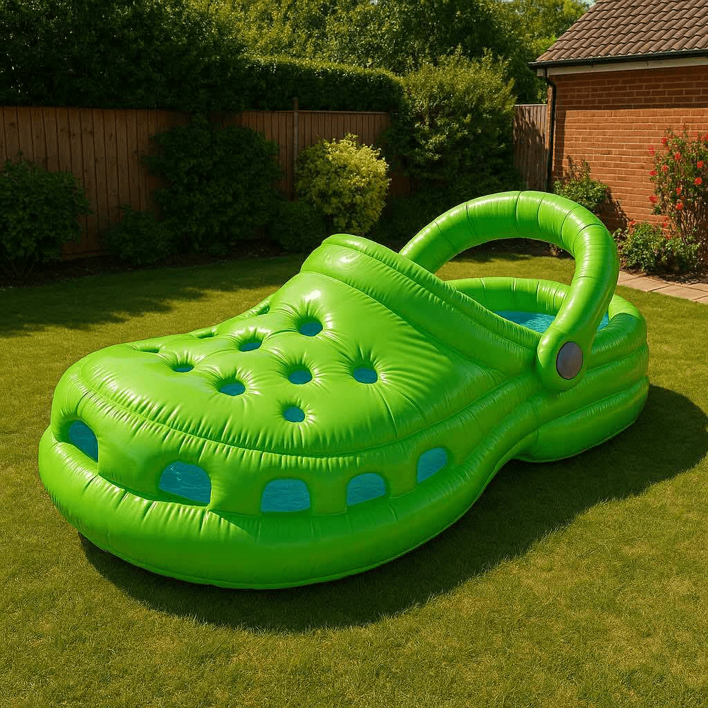 Bright green inflatable Croc-style paddling pool on a sunny lawn